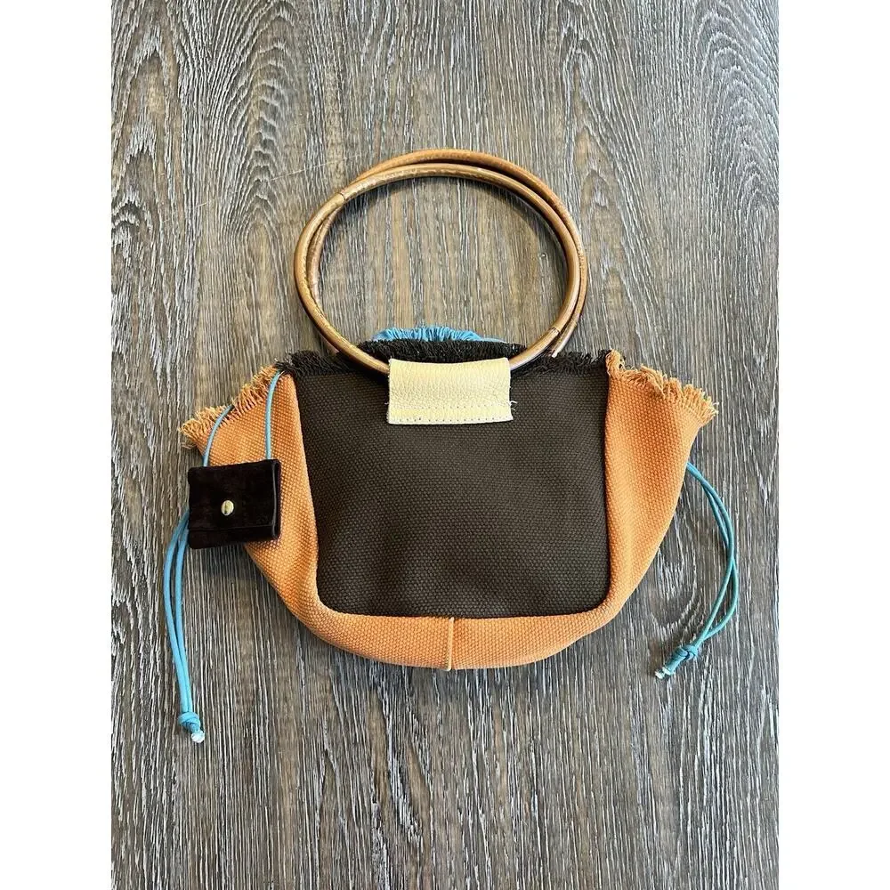 Vintage Canvas Handbag Purse Bag with Wooden Handles Rhinestones Orange Brown